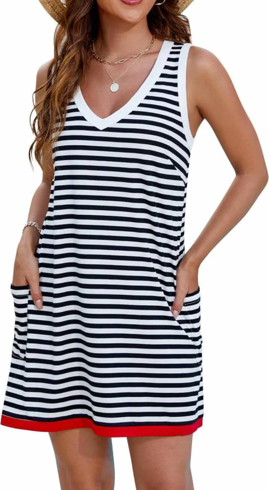 Blooming Jelly Women's Swiss Dot Summer Dress - Casual V-Neck Tank Beach Cover Up with Pockets