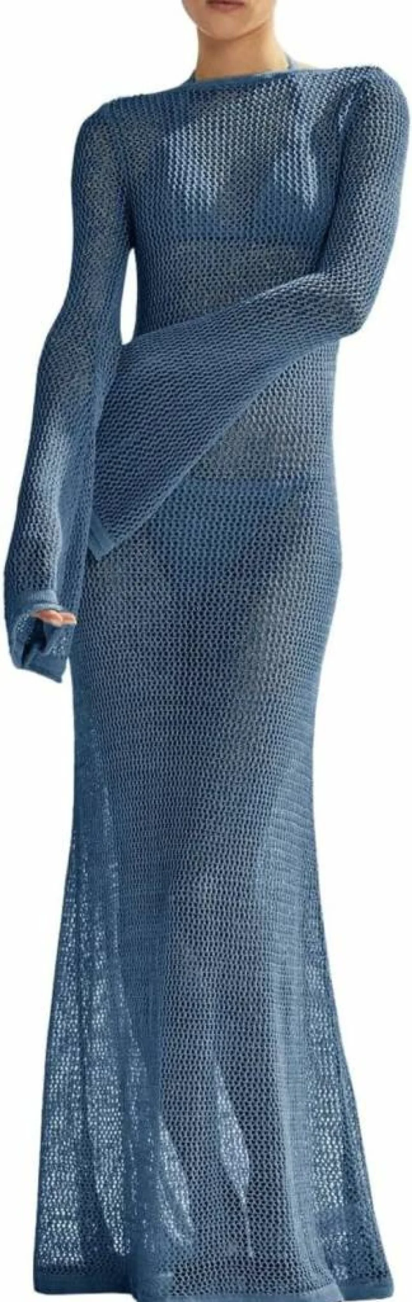 Saodimallsu Women's Sexy Backless Crochet Beach Cover Up Long Sleeve Maxi Dress Swimsuit Knit Mesh Summer Dress