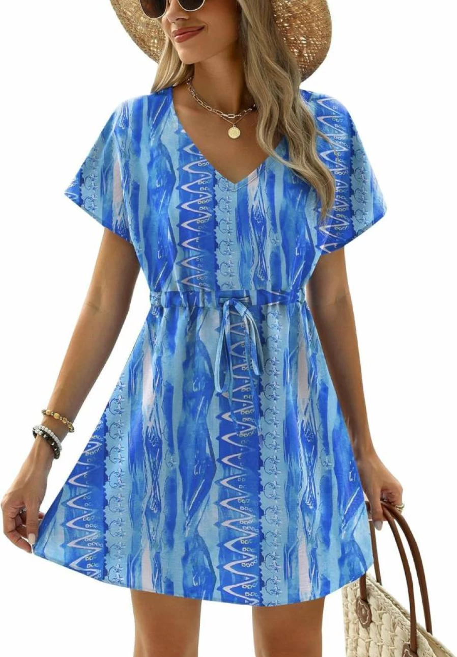 Ekouaer Women's Beach Cover Up Dress - Short Sleeve V Neck Swimsuit Coverup Bikini Beachwear Lightweight Summer Dress