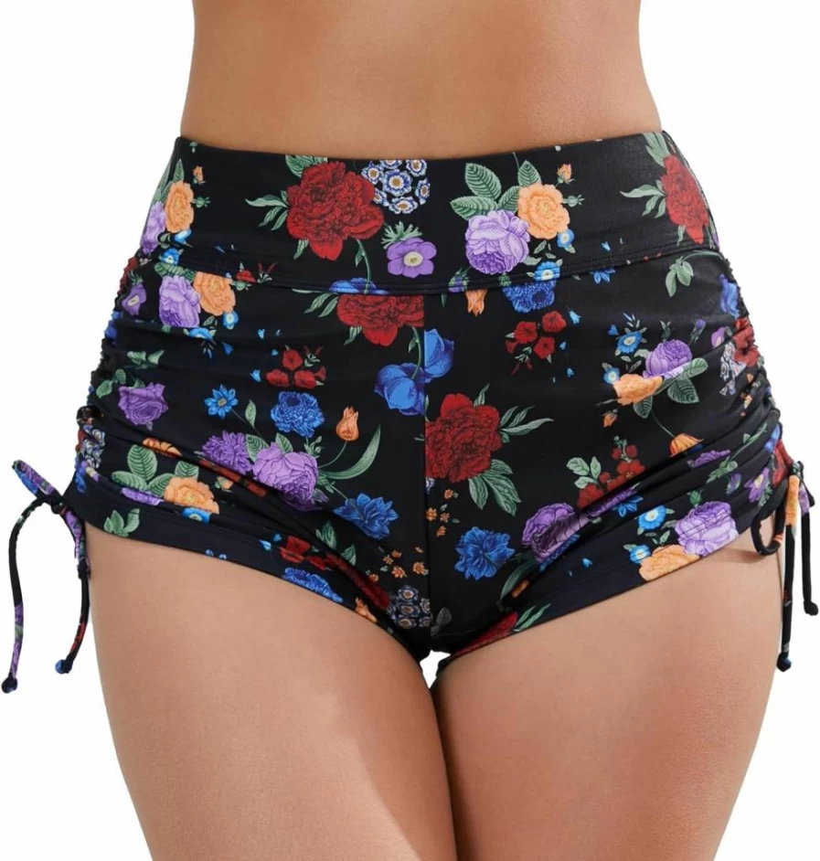 Halcurt Women's High Waisted Swim Shorts with Tummy Control - Adjustable Side Tie Tankini Bottoms for Beach & Pool