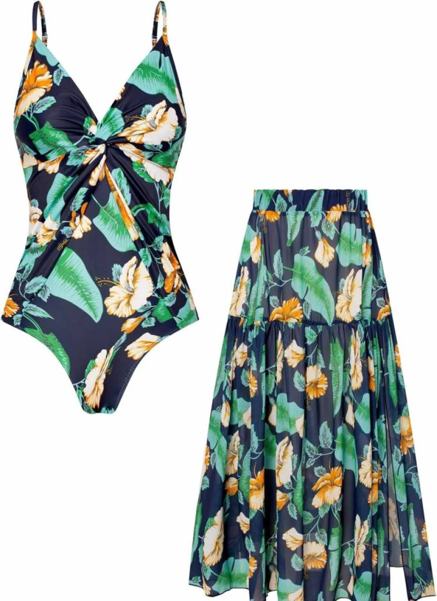 GRACE KARIN Women's Tummy Control One Piece Swimsuit with Skirt Cover Up V Neck Bathing Suit