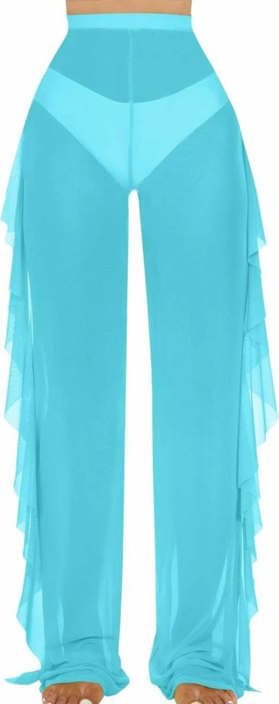 Jumppmile Women's Sheer Mesh Bikini Cover-Up Pants with Ruffle Detail - Lightweight Beach Swimwear