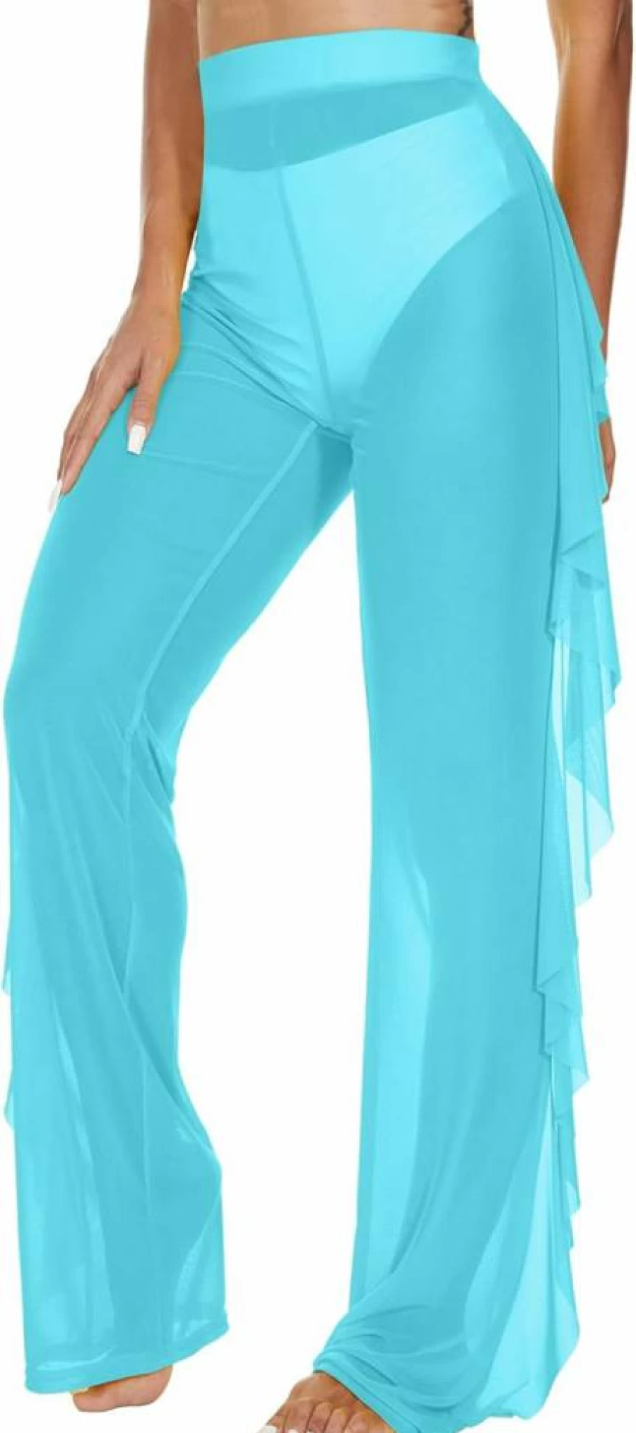 Jumppmile Women's Sheer Mesh Bikini Cover-Up Pants with Ruffle Detail - Lightweight Beach Swimwear