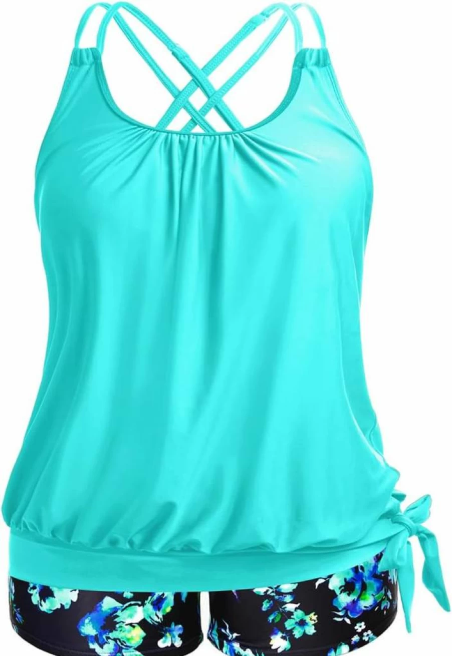 Holipick Plus Size Tummy Control Tankini Swimsuit for Women - Blouson Top & Boy Shorts Bathing Suit
