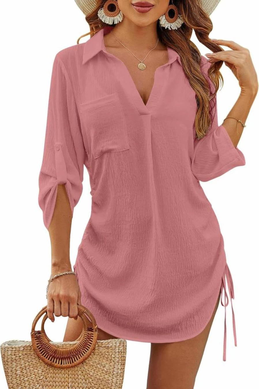 Blooming Jelly Women's Beach Cover Up Dress - Bikini Swimsuit Cover Up with Drawstring, Lightweight Summer Beach Shirt