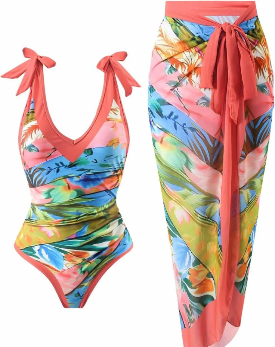 Jollkichay Women's Floral One Piece Swimsuit with Sarong Wrap Beach Cover Up Set - Bathing Suit & Swimwear