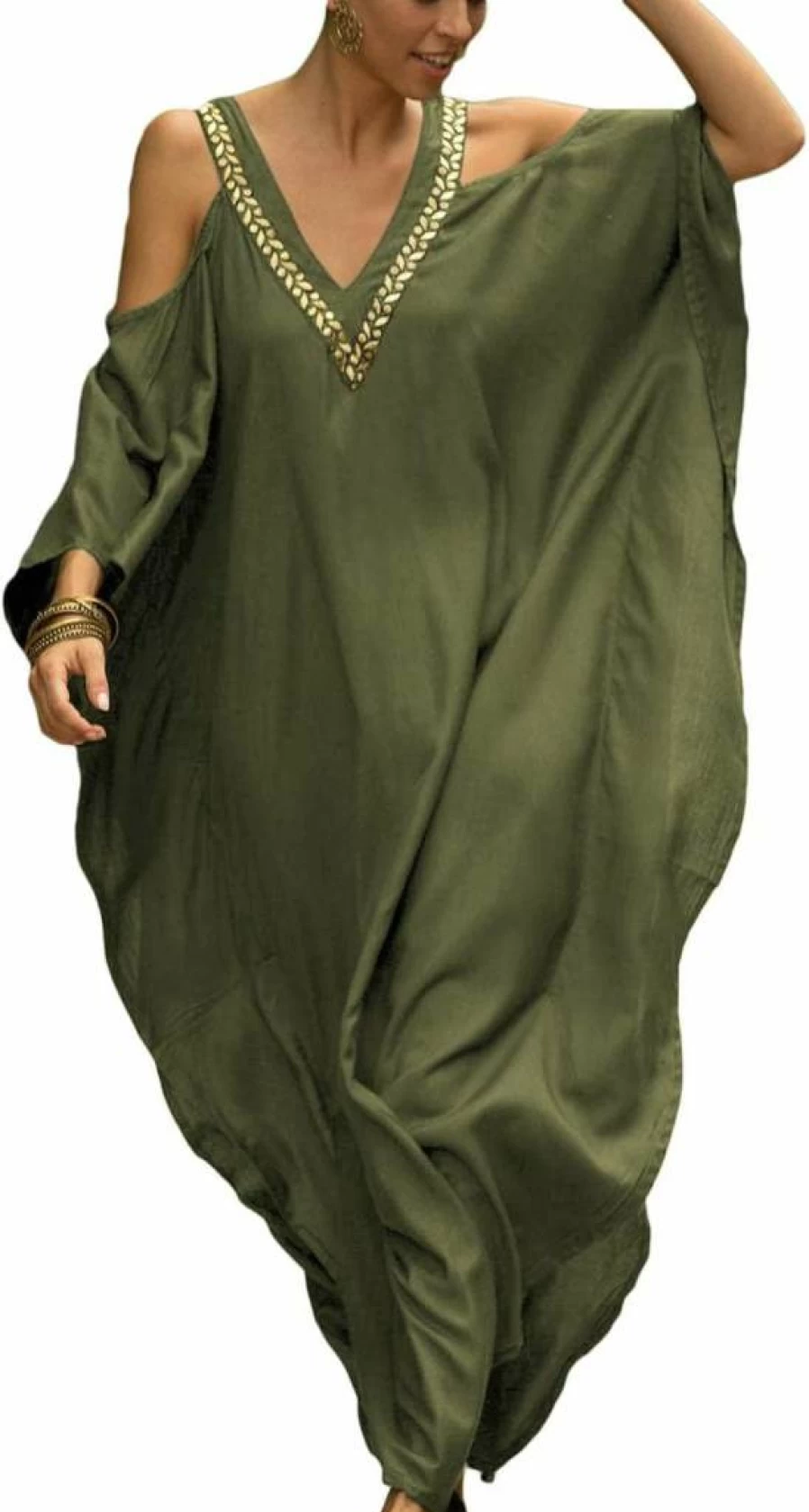 Bsubseach Turkish Kaftan Maxi Dress - Beach Cover Up, Swimsuit Cover, Cold Shoulder Summer Dress for Women
