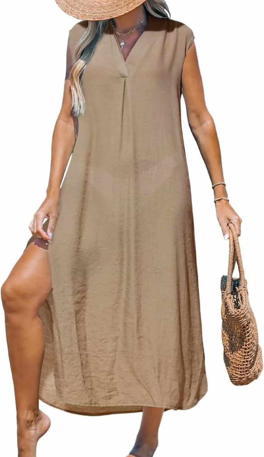 CUPSHE Women's Beach Cover Up Dress Sleeveless V-Neck Long Cardigan Side Split Midi Summer Swimwear Casual