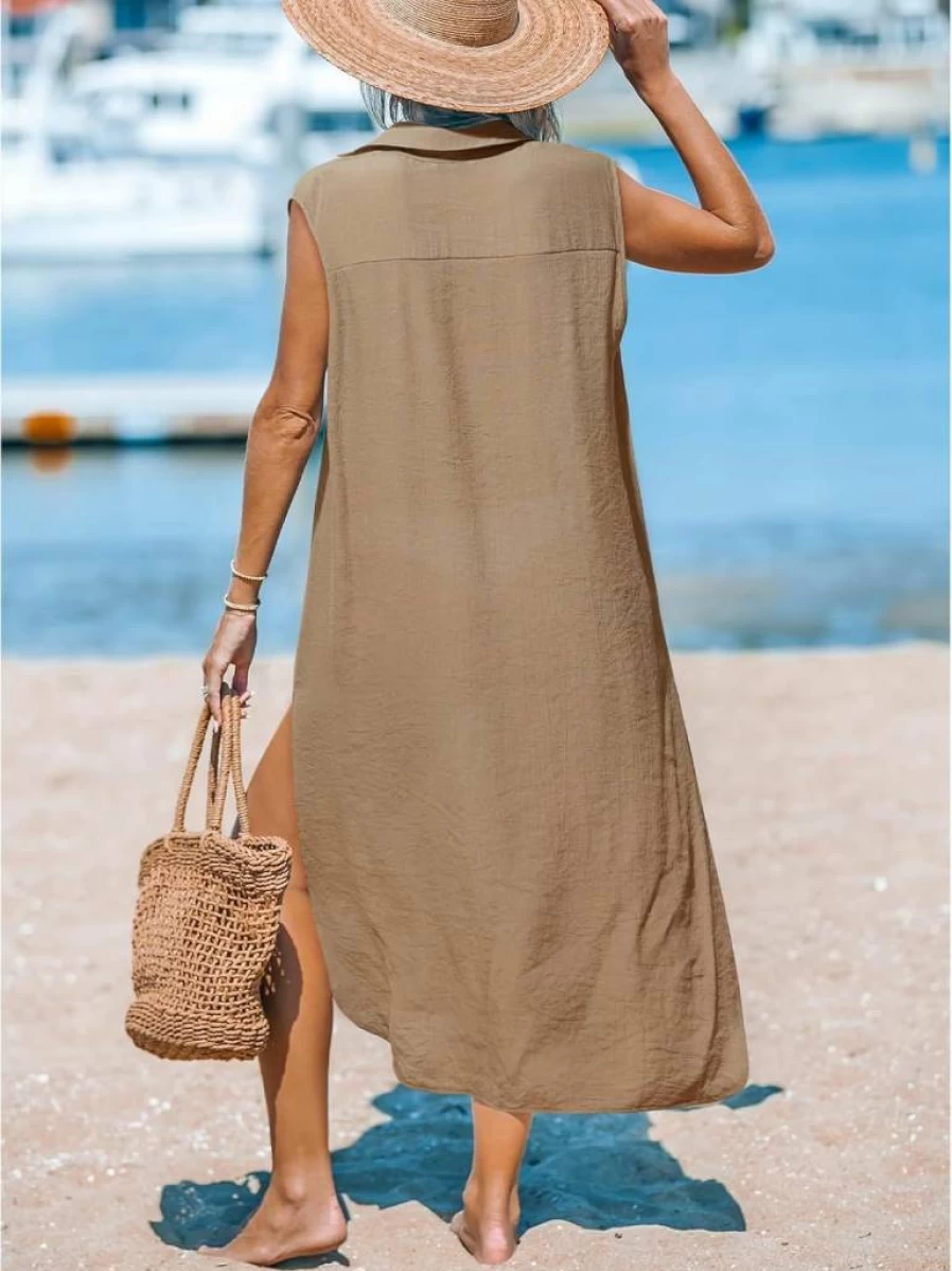 CUPSHE Women's Beach Cover Up Dress Sleeveless V-Neck Long Cardigan Side Split Midi Summer Swimwear Casual