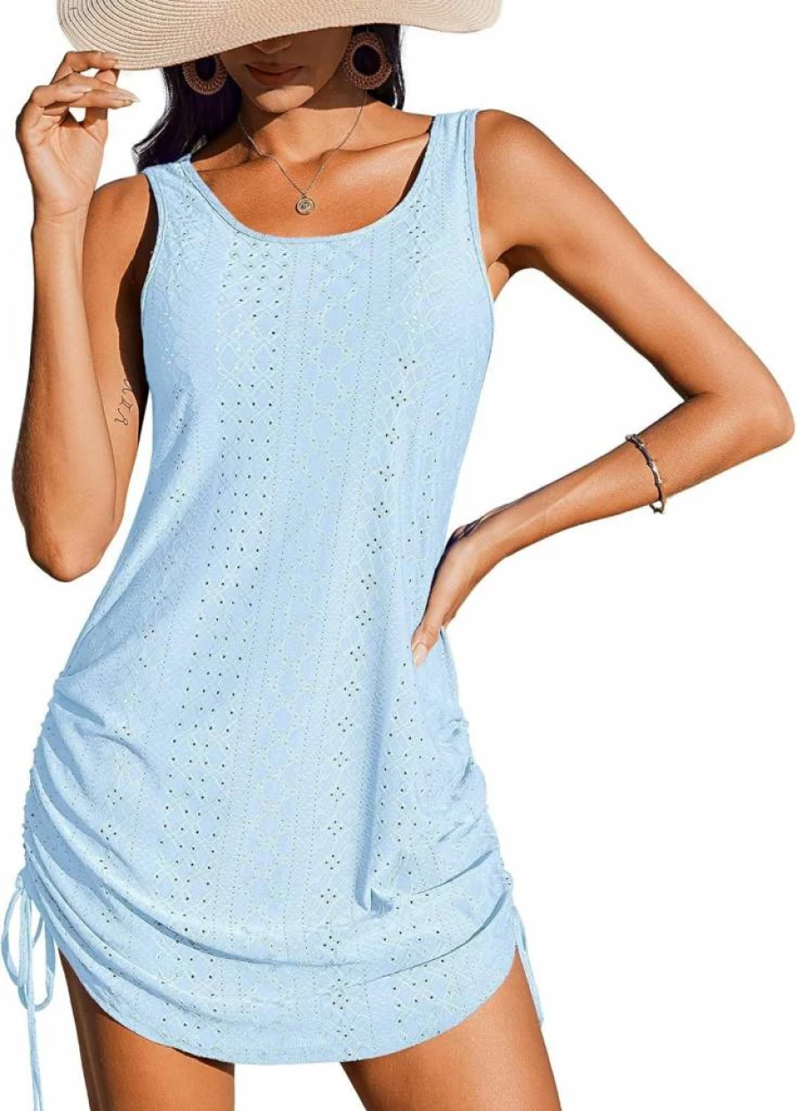 AI'MAGE Women's Crochet Swimsuit Cover Up - Sleeveless Drawstring Beach Dress S-XXL