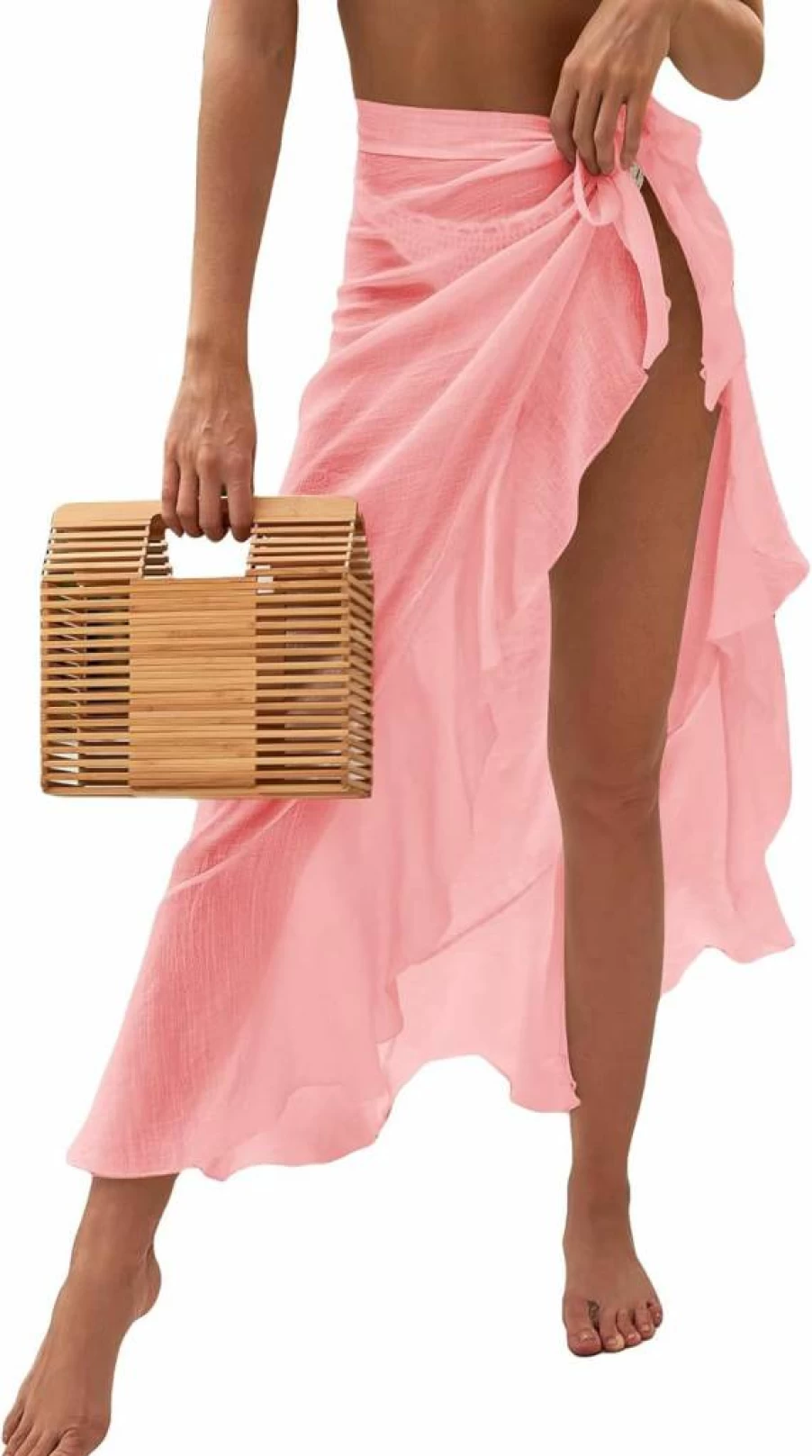 OYOANGLE Women's Sheer Mesh Beach Cover Up Sarong with Ruffle Trim and Tie Side - Long Swim Wrap Skirt for Women
