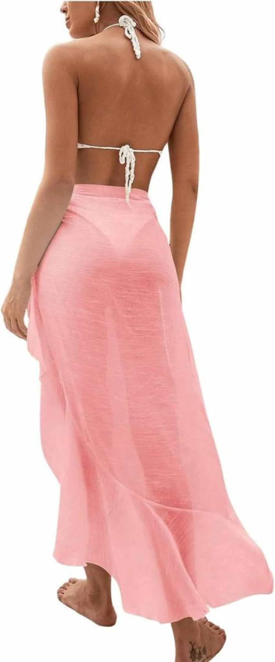 OYOANGLE Women's Sheer Mesh Beach Cover Up Sarong with Ruffle Trim and Tie Side - Long Swim Wrap Skirt for Women