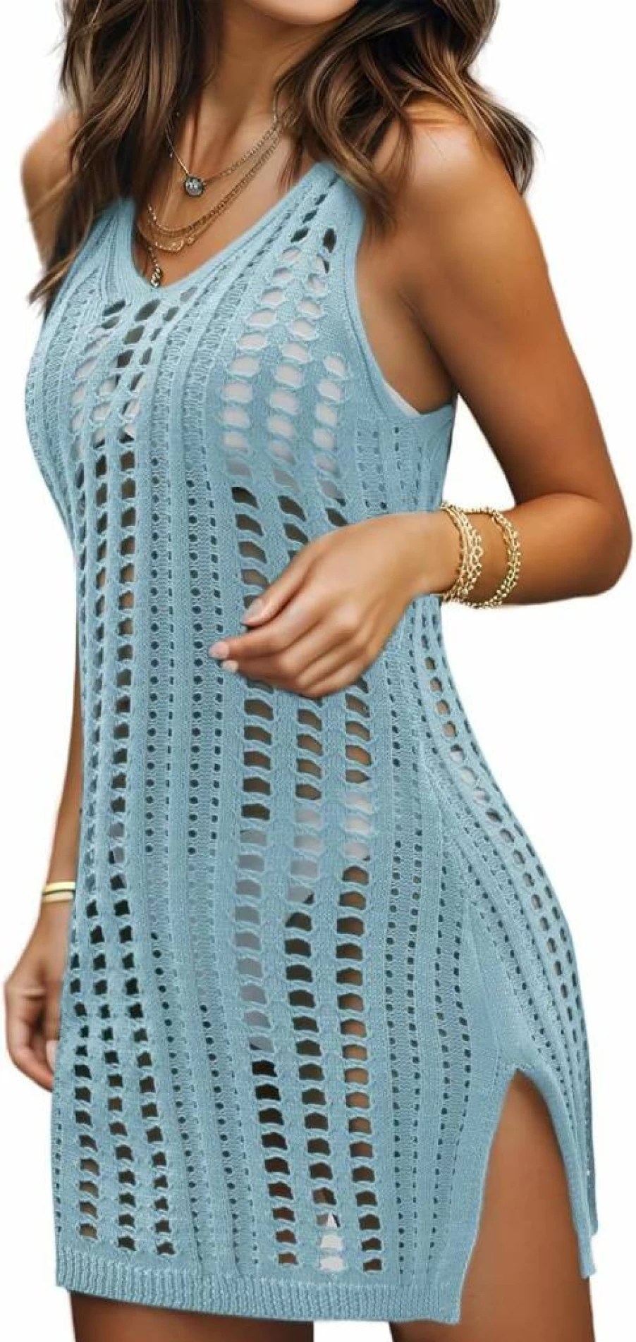 Bellely Women's Crochet Beach Cover Up Dress - Hollow Out Sleeveless Bikini Coverup with Slit, Swimsuit Tank Dress for Summer