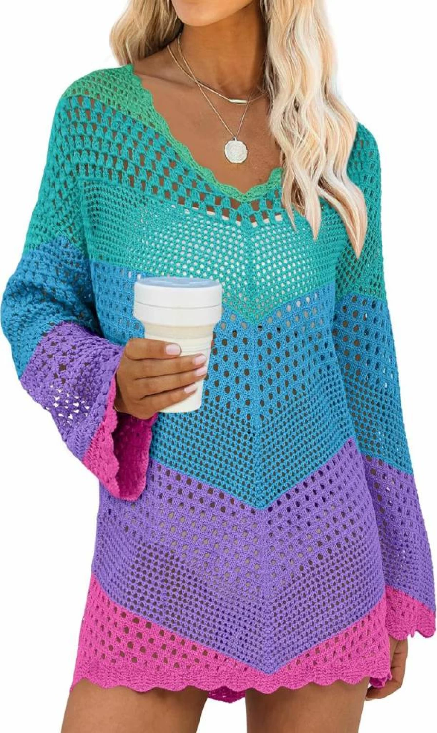 ANRABESS Women's Crochet Swim Cover Up Dress V Neck Mesh Beach Coverup Bathing Suit Summer Swimwear 2025 Vacation Outfits
