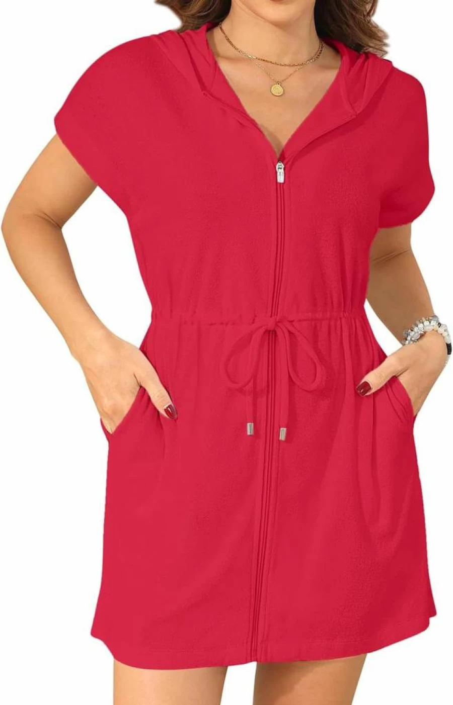 Yonique Women's Hooded Terry Cloth Cover Up - Cotton Beach Swim Cover-Up with Zipper Pockets for Swimsuits