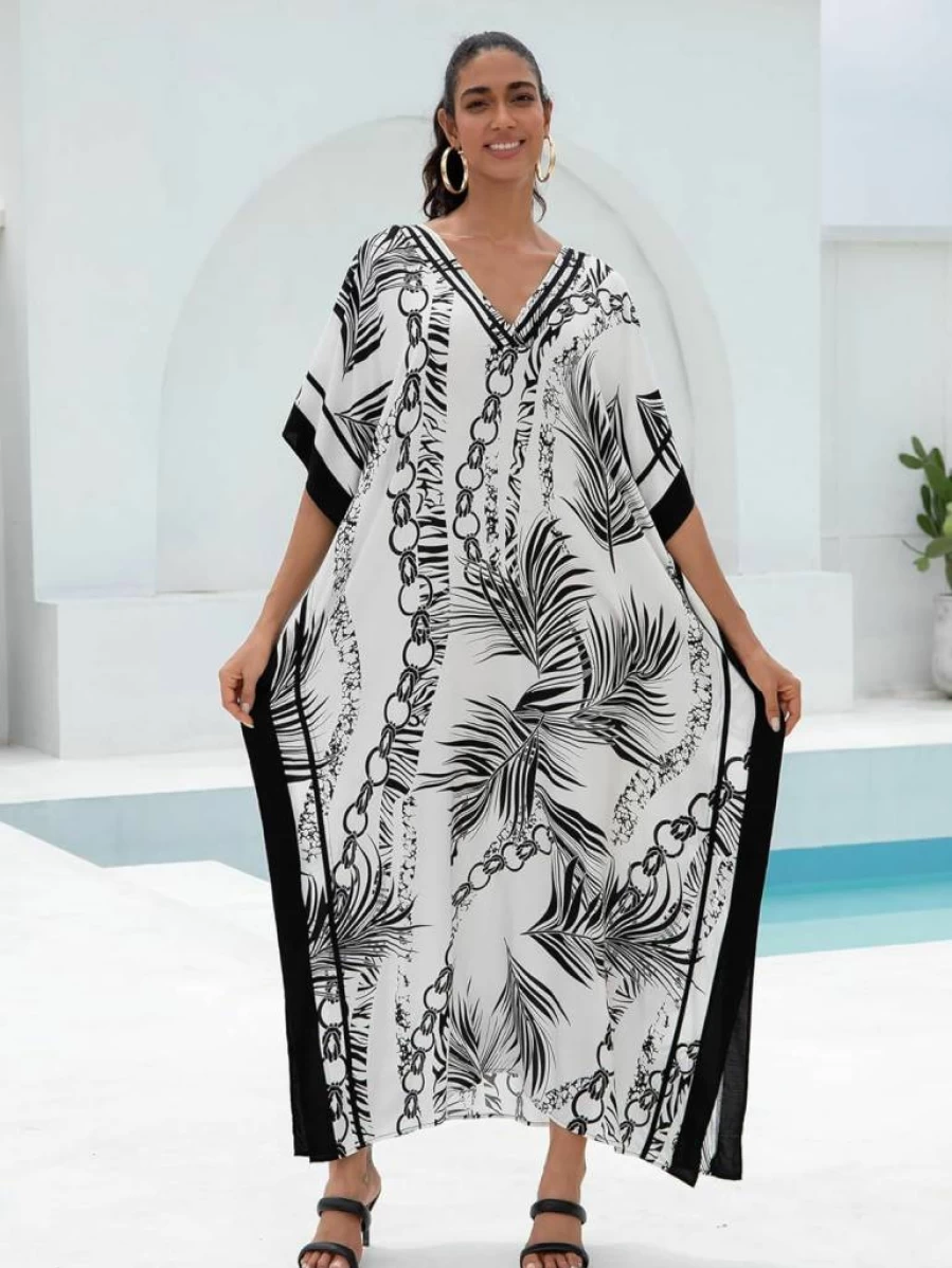 KECVOT Women's Plus Size V-Neck Kaftan Dress - Floral Print Beach Cover Up, Swimsuit Wrap, Lounge & Vacation Dress