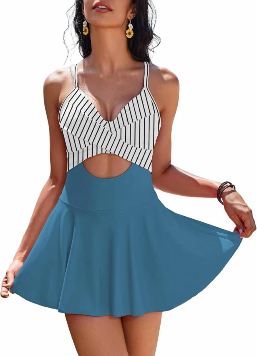 AI'MAGE Women's V Neck Tie Back Swimsuit with Push Up & Tummy Control - One Piece Swimdress Bathing Suit