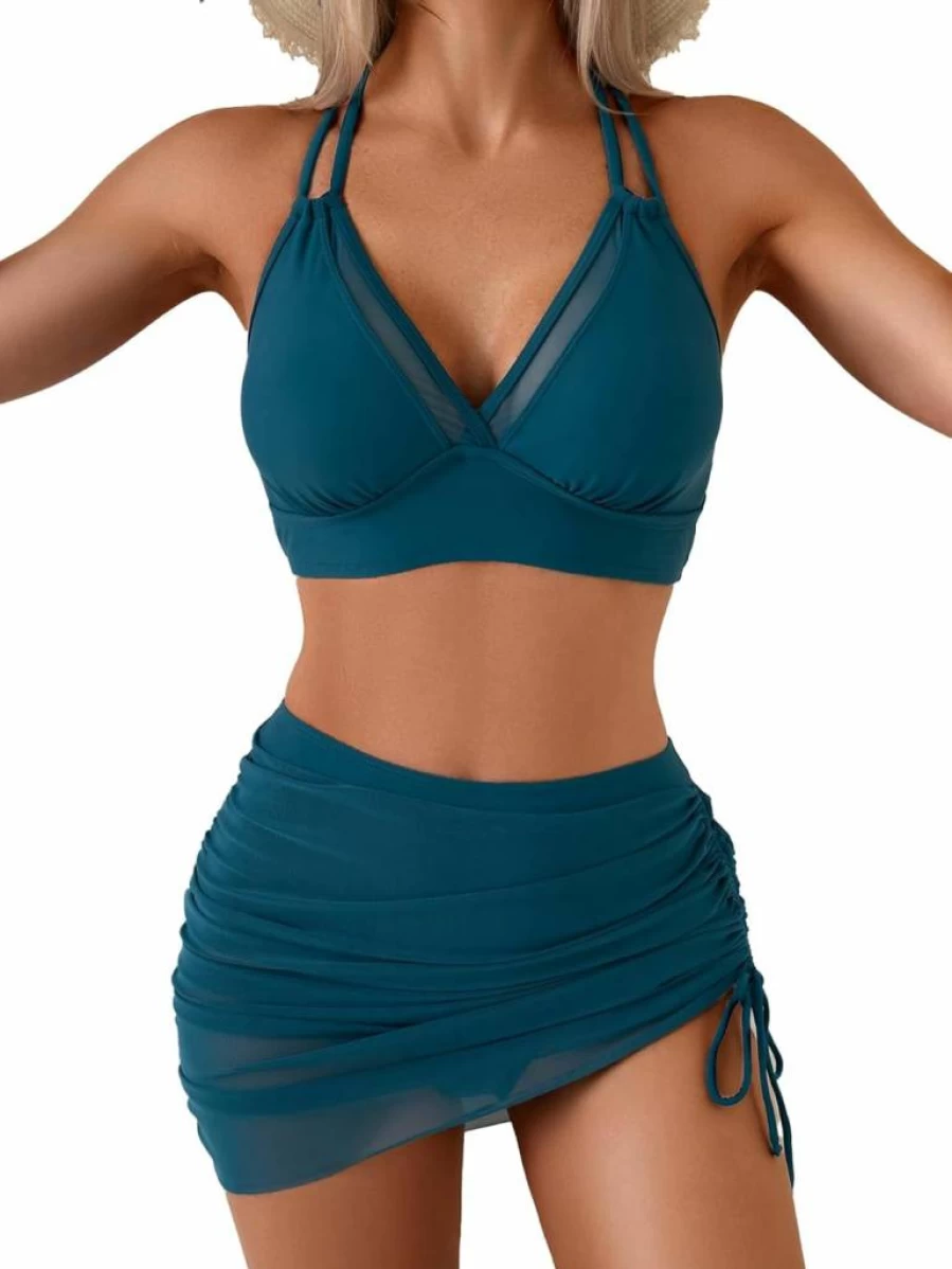 Fanuerg Women's Two Piece High Waisted Bikini Set with Tummy Control Swim Skirt & Mesh Sarong Wrap Bathing Suit