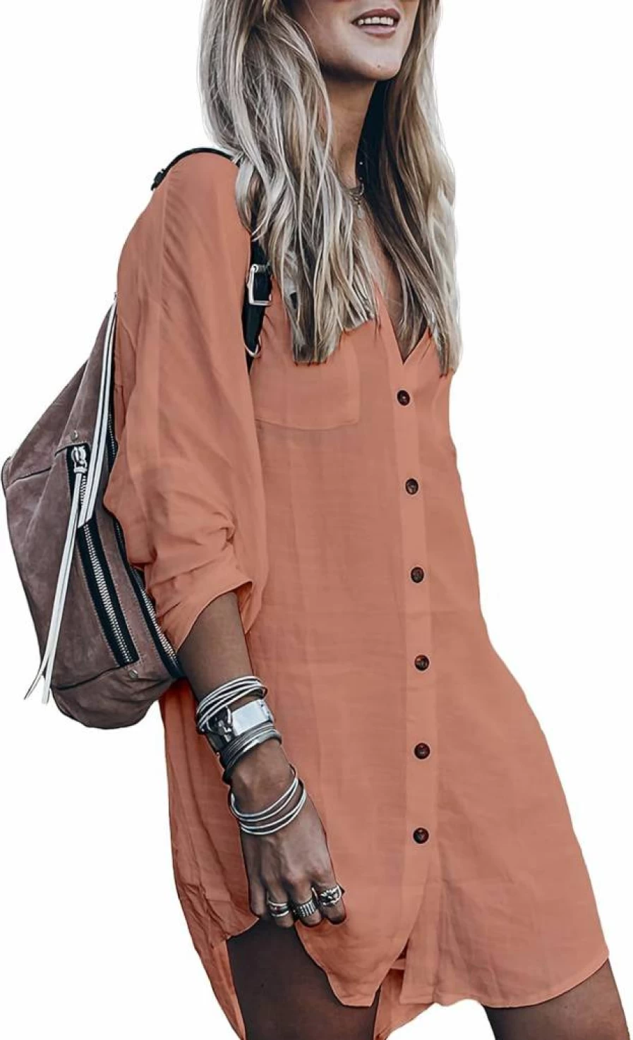 Zoye Chen Women's Summer Beach Cover Up - Silky Button Down Kimono Dress for Swimsuit, Bathing Suit & Poolside Aline Midi Shirt