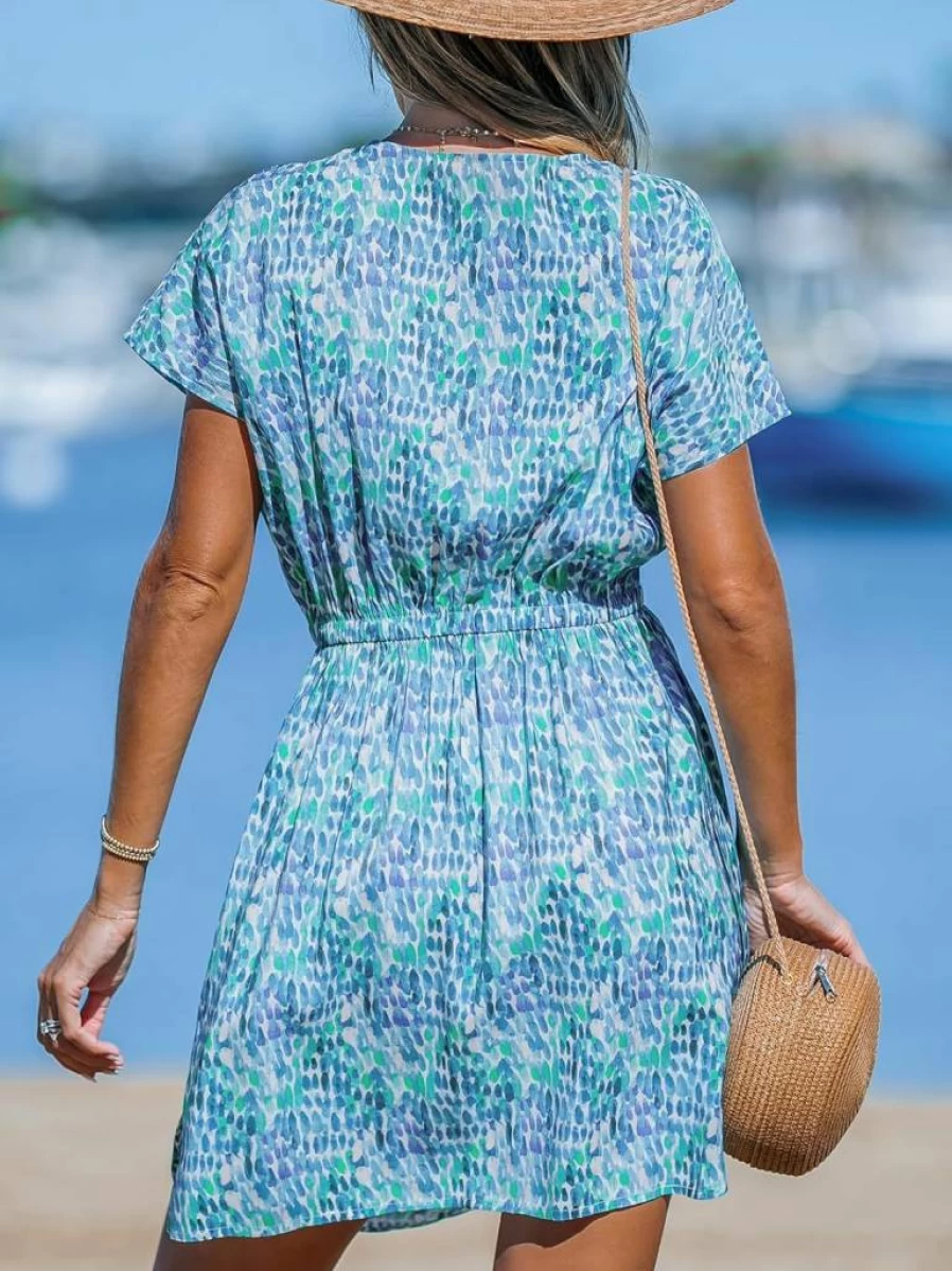 CUPSHE Women's Beach Cover Up Dress 2025 - V Neck Short Sleeve Swimsuit Coverup with Elastic Waist, Casual Summer Beachwear