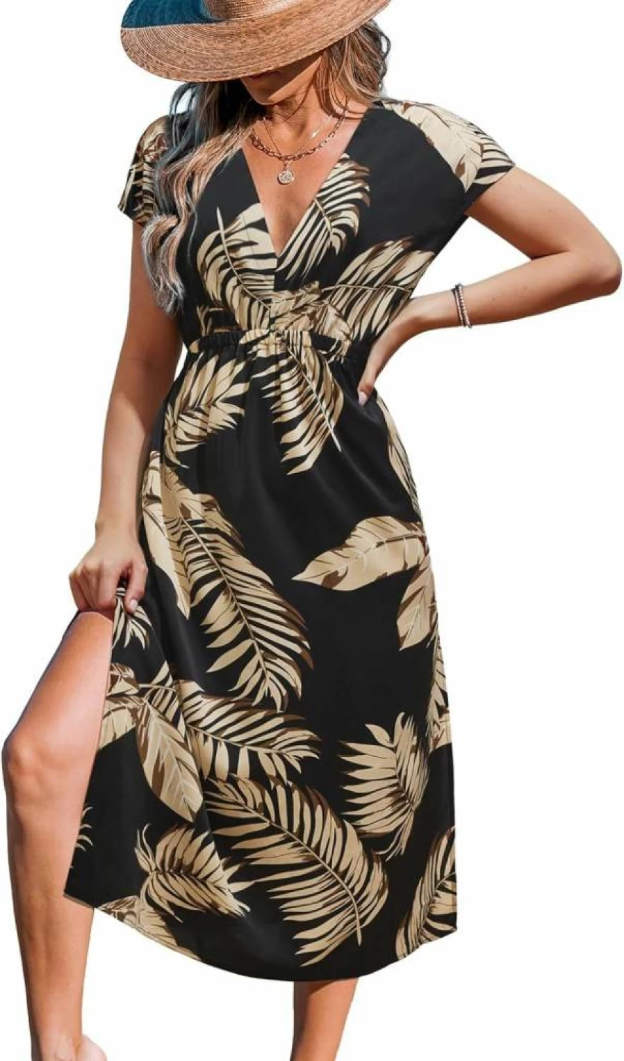 CUPSHE Women's Striped V-Neck Swimsuit Cover Up Dress Short Sleeve Beachwear Midi Length XS-XXL