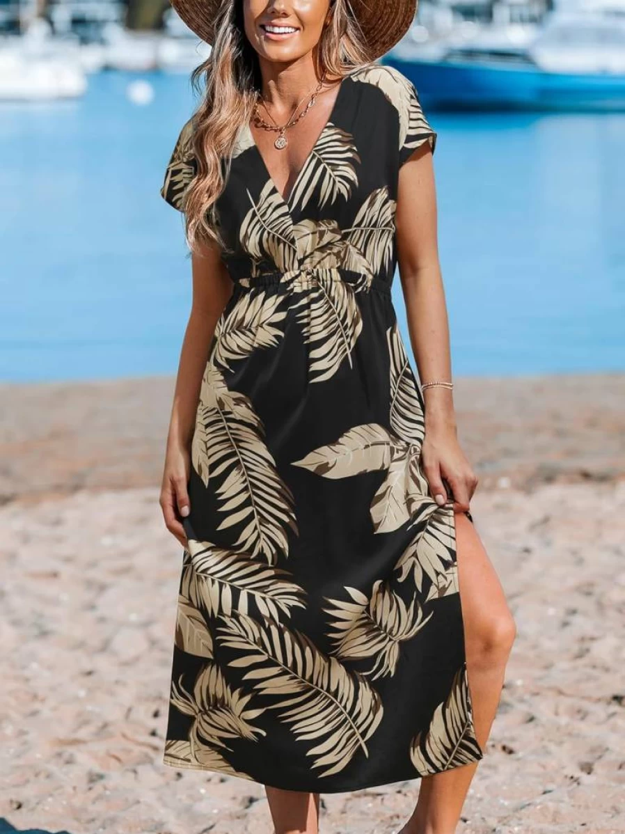 CUPSHE Women's Striped V-Neck Swimsuit Cover Up Dress Short Sleeve Beachwear Midi Length XS-XXL