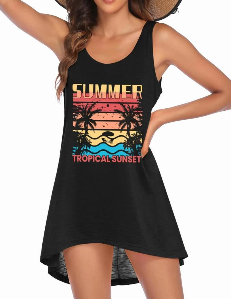Ekouaer Women's Printed Sleeveless Beach Cover Up Dress - Bikini Swimwear T-Shirt & Tank Top