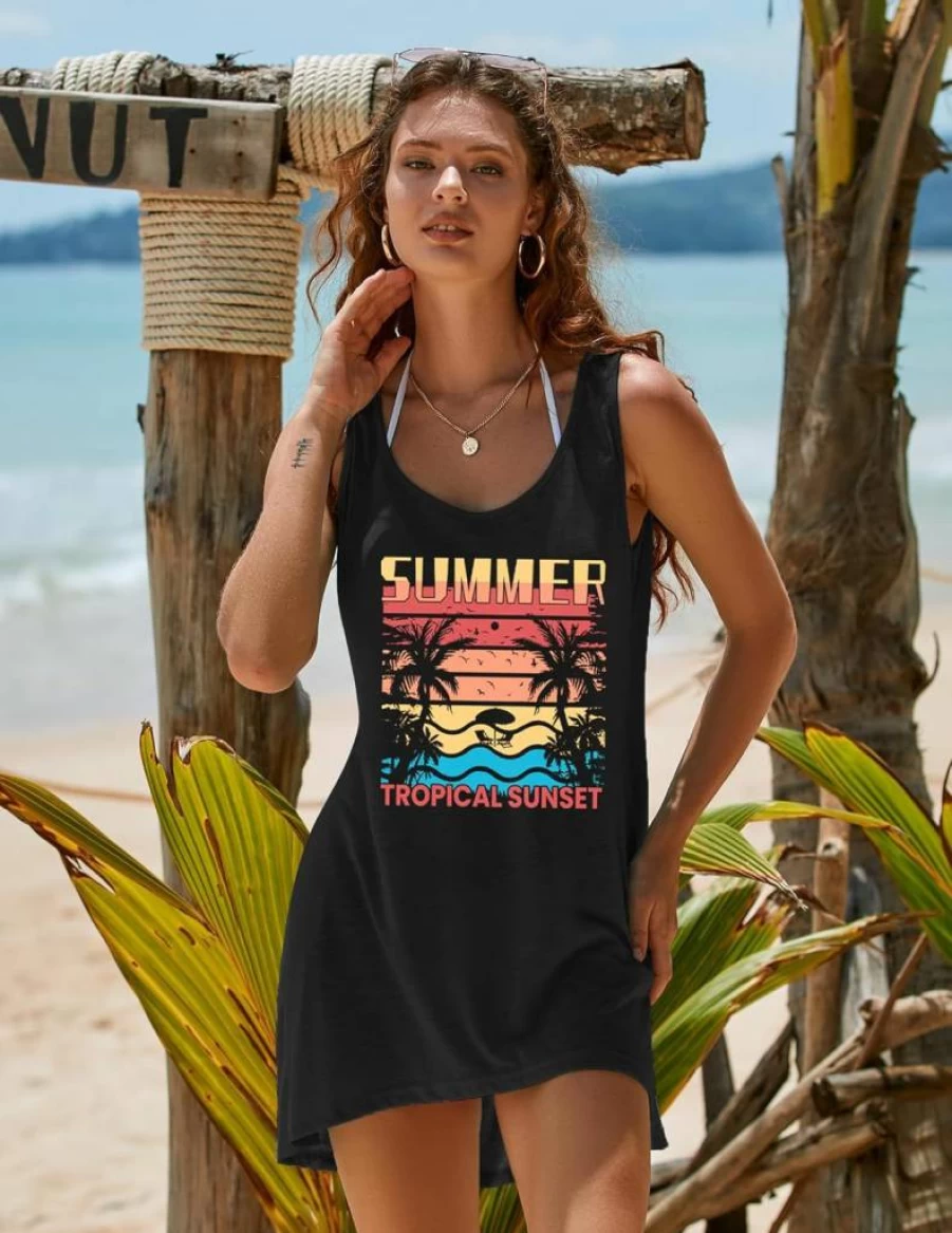 Ekouaer Women's Printed Sleeveless Beach Cover Up Dress - Bikini Swimwear T-Shirt & Tank Top