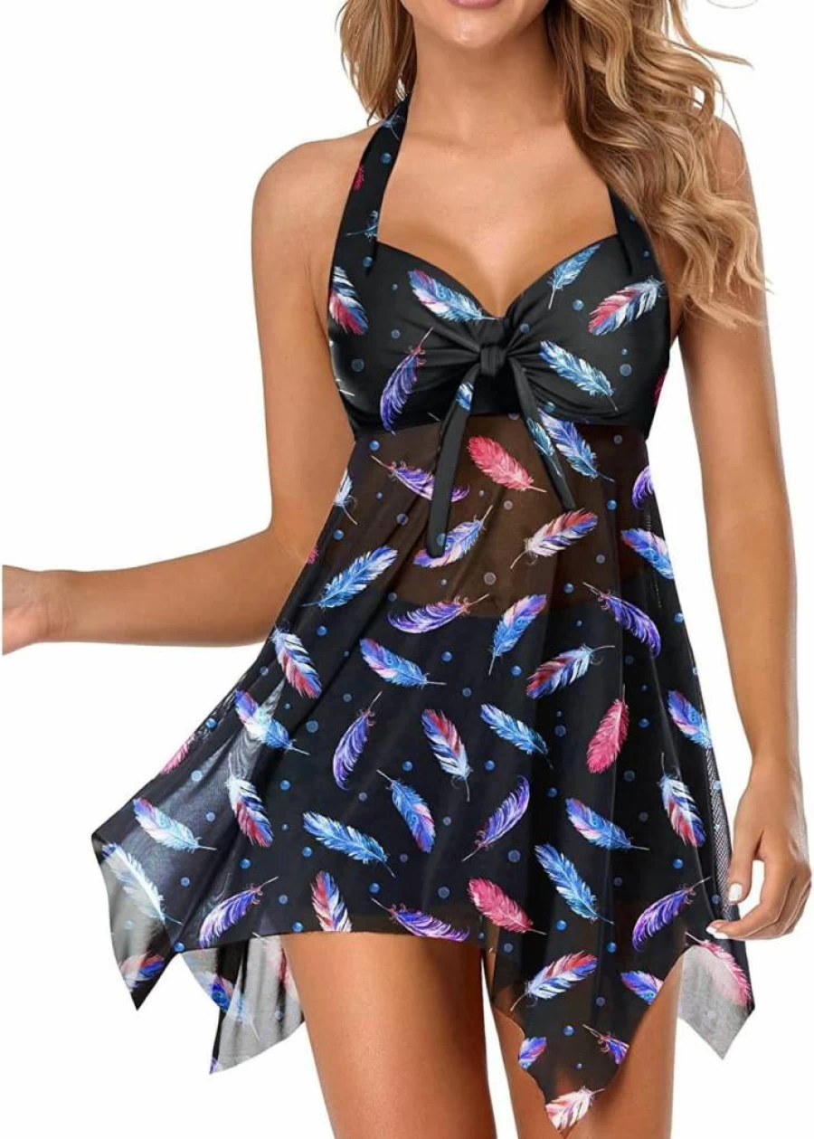 Holipick Women's Push Up Tankini Swim Dress with Underwire Support & Boyshorts - Halter Two Piece Bathing Suit