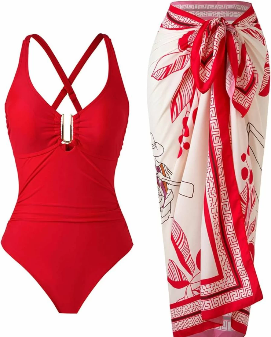 BAWHAHT Women's One Piece Swimsuit with Cover Up - Retro High Waisted Tummy Control Bathing Suit & Beach Wrap Skirt Set