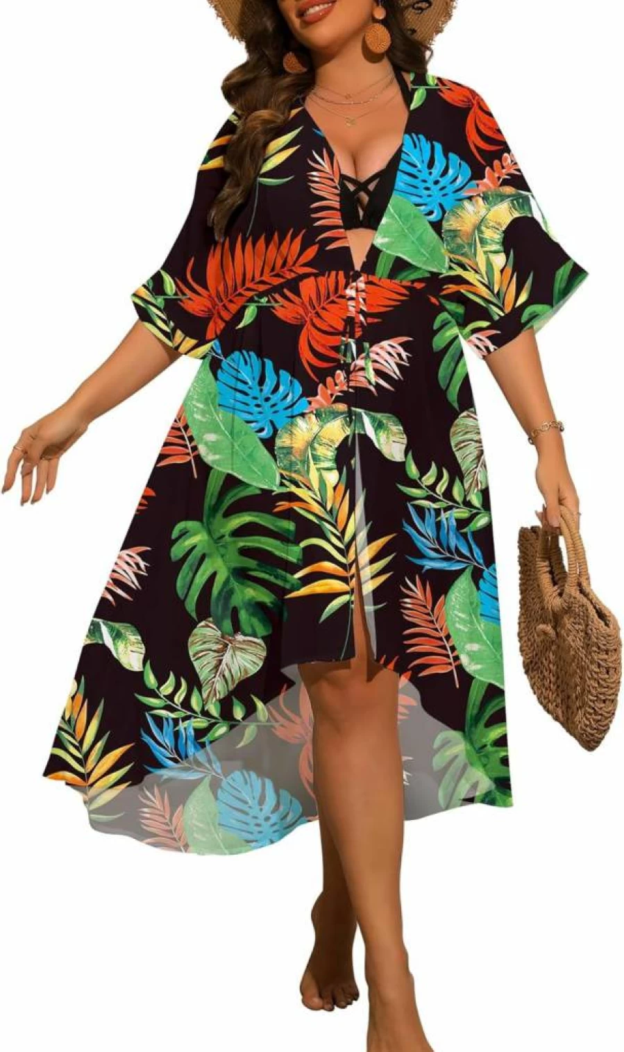 SWOMOG Plus Size Chiffon Kimono Beach Cover Up Long Open Front Cardigan Women's Summer Swimwear Bikini Wrap