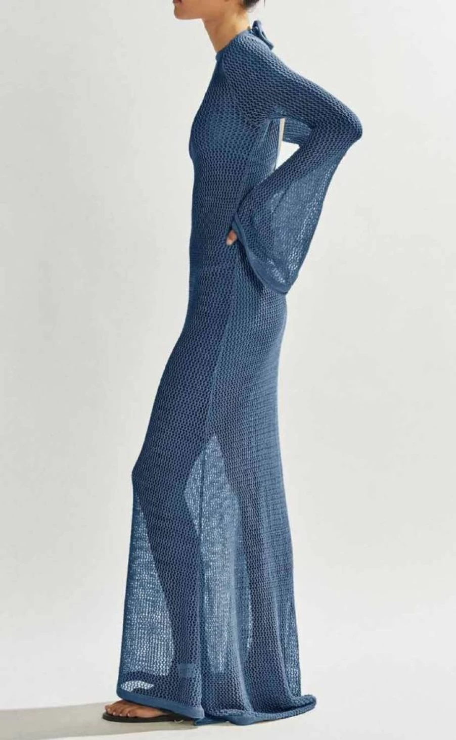 Saodimallsu Women's Sexy Backless Crochet Maxi Dress Long Sleeve Beach Cover Up Swimsuit Knit Mesh Dress