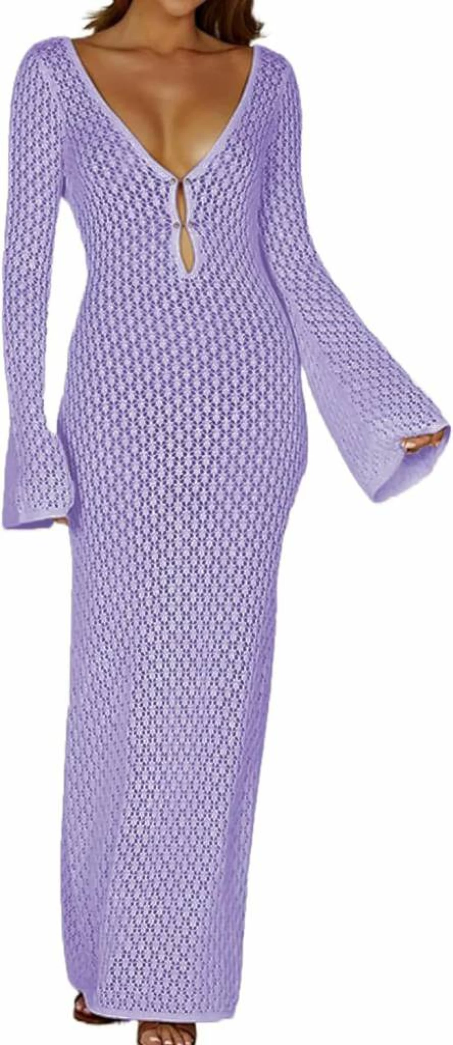 Leoparts Women's Sexy V-Neck Crochet Beach Cover Up Dress - Backless Hollow Out Maxi Bikini Swimsuit Coverup for Summer