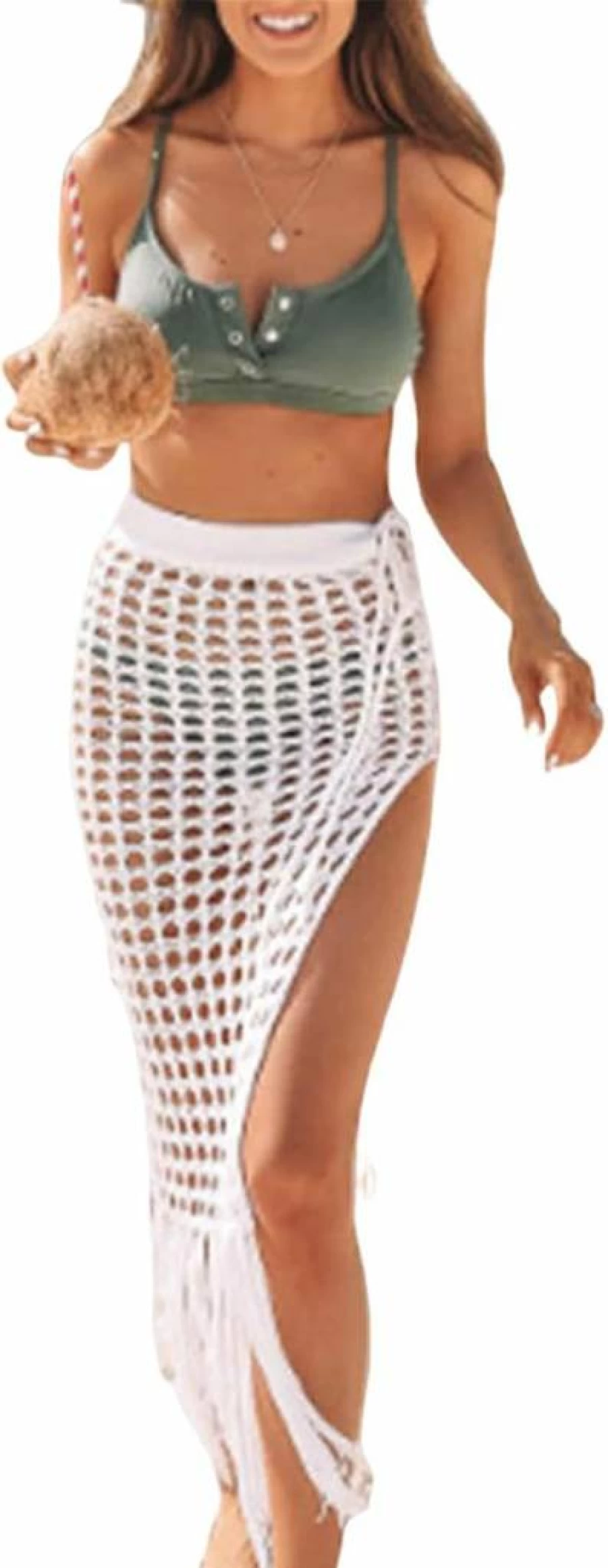 Yuemengxuan Women's Sexy Hollow Out Mesh Maxi Skirt Beach Cover Up Sheer Swimsuit Wrap Summer Tassel Sarong Swimwear