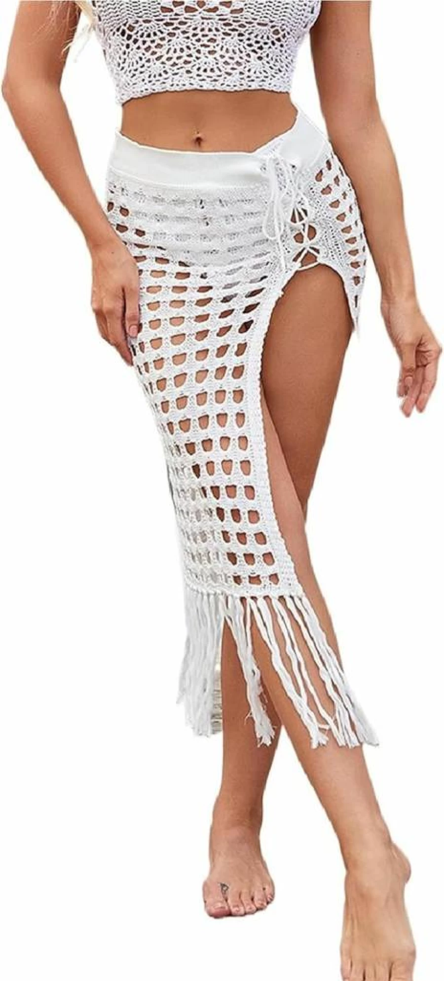 Yuemengxuan Women's Sexy Hollow Out Mesh Maxi Skirt Beach Cover Up Sheer Swimsuit Wrap Summer Tassel Sarong Swimwear