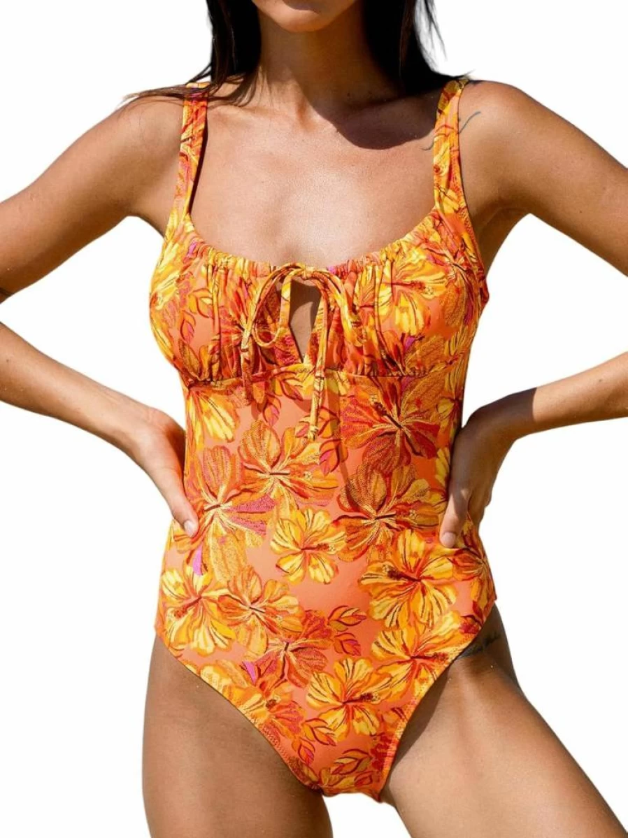 BERLOOK Women's Floral Tie-Front Tankini Swimsuit - Sexy Slimming One-Piece Bathing Suit for Women
