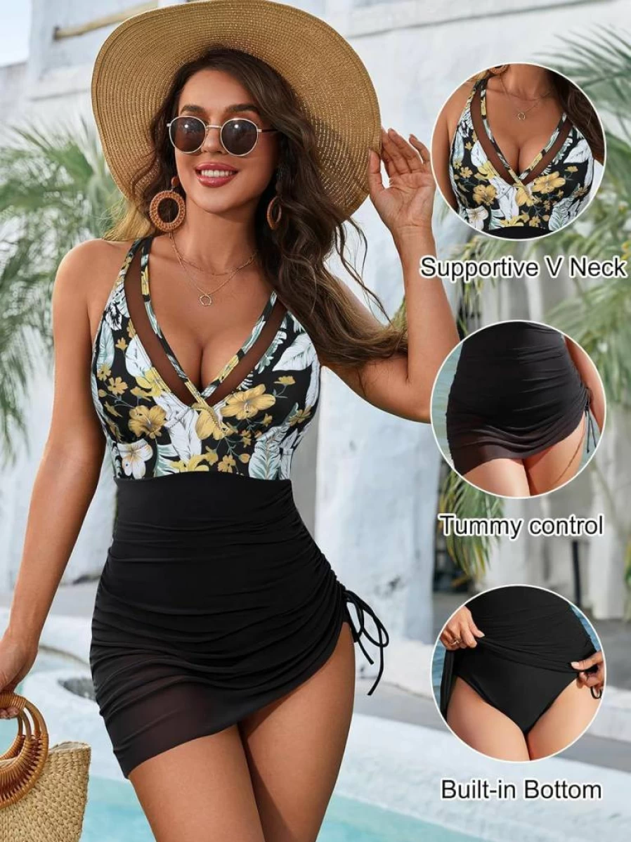 Blooming Jelly Women's Slimming One Piece Swimdress with Tummy Control & Mesh Sarong Wrap – Bathing Suit for Beach & Pool