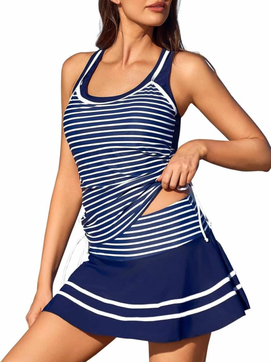 MiYang Women's Vintage Striped Tankini Swimdress Two-Piece Swimsuit with Skirt Tummy Control Bathing Suit
