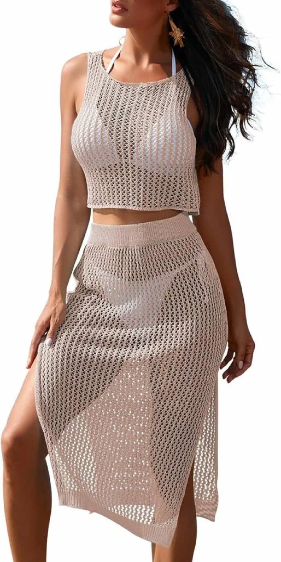 Pink Queen Women's Crochet Bikini Cover Up - 2 Piece Hollow Out Knit Mesh Beach Dress with Side Slit Swimwear