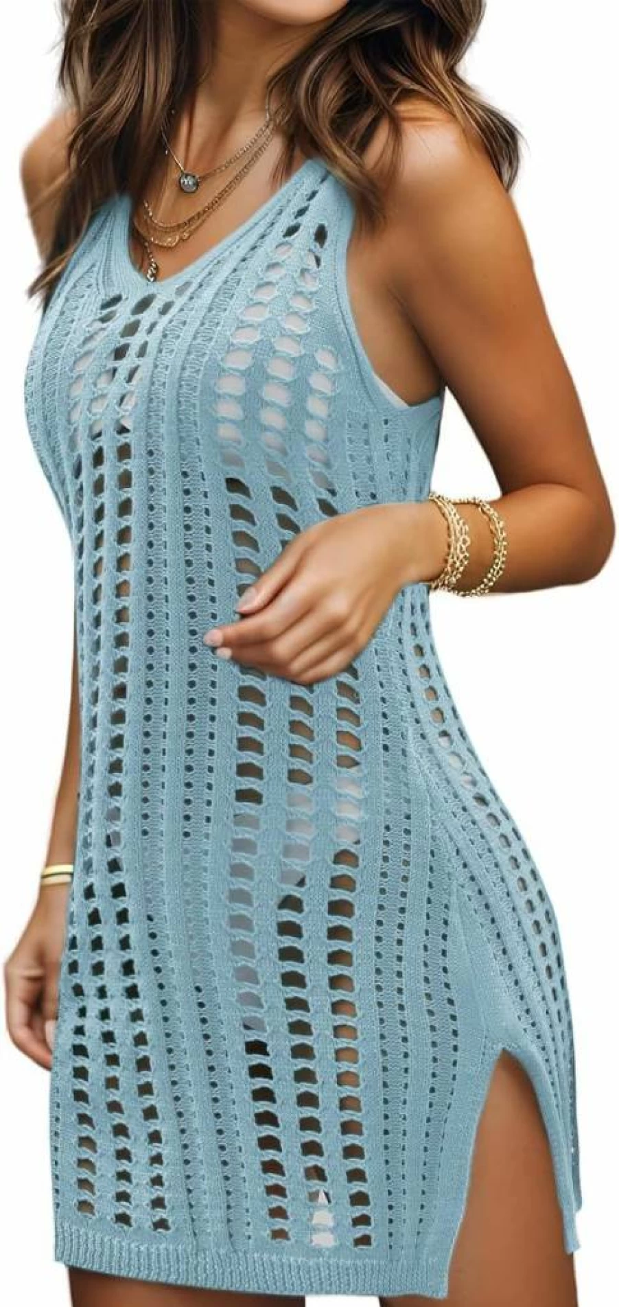Bellelily Women's Crochet Beach Cover Up Dress - Sleeveless Hollow Out Bikini Tank Dress Swimsuit Coverup for Summer