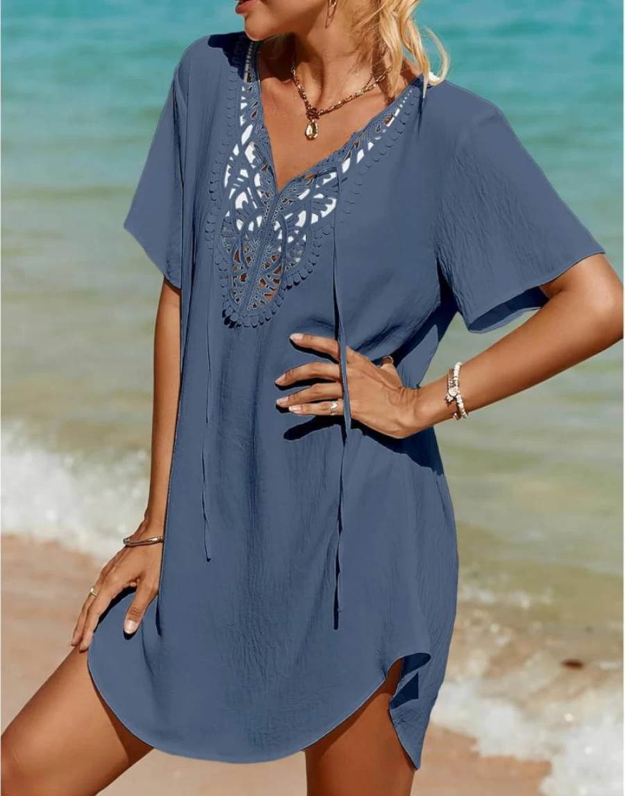 SimpleFun Women's Lace Crochet Beach Cover Up Dress - V Neck Swimsuit Coverup for Swimwear, Lightweight Summer Tunic