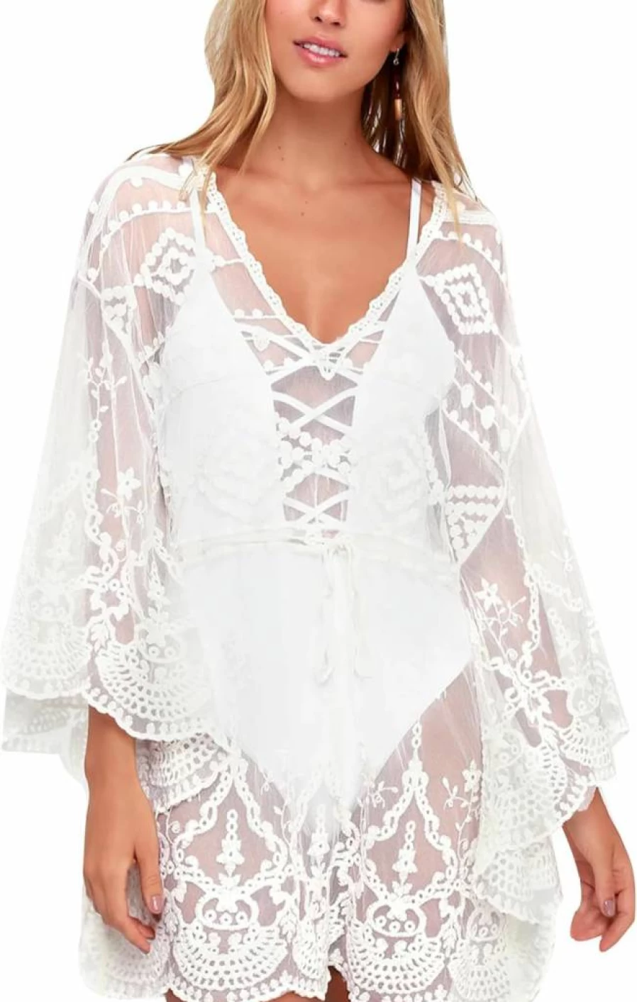Moss Rose Women's Lace Beach Cover Up Dress - V-Neck Swimsuit Coverup, Lightweight Swimwear for Pool & Beach