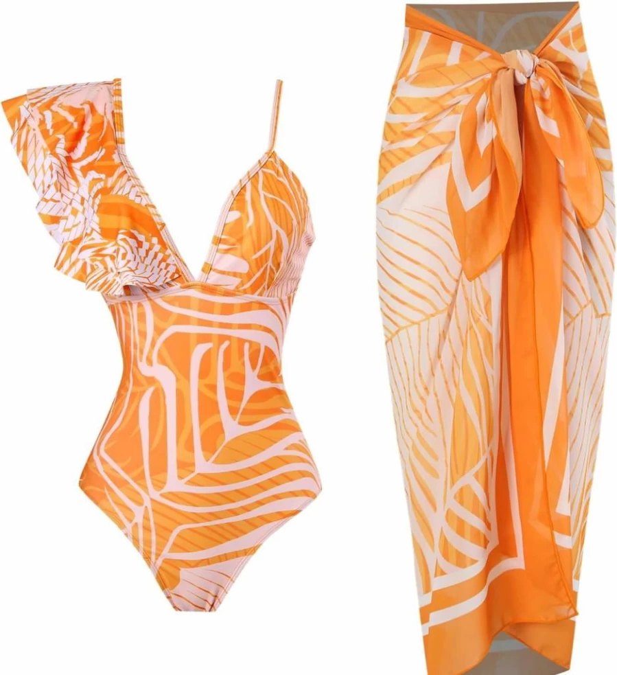 IDOPIP Women's Retro Floral Print Two-Piece Bikini Set with Beach Cover Up Wrap Skirt Sarong - Stylish Swimwear for Summer