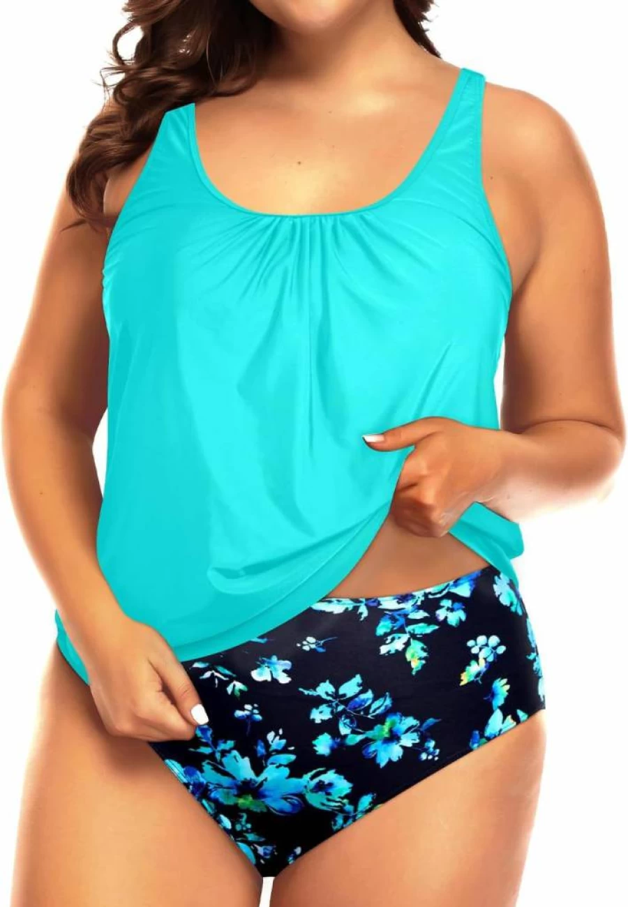 Yonique Women's Plus Size Tummy Control Tankini Swimsuit - Blouson Two Piece Bathing Suit