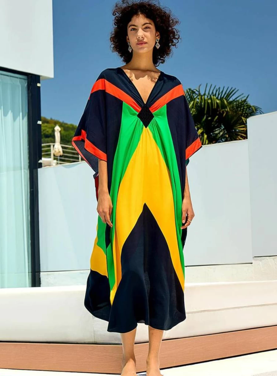 Yanziliu Women's Summer 2025 Tropical Kaftan Dress - Beach Cover Up, Swimsuit Coverup, Flowy Caftan for Vacation & Poolside