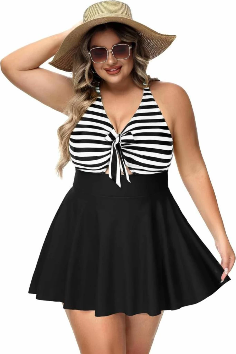 Nieyook Women's Plus Size Swim Dress with Skirt - V Neck Cutout, Tummy Control Flowy One Piece Bathing Suit