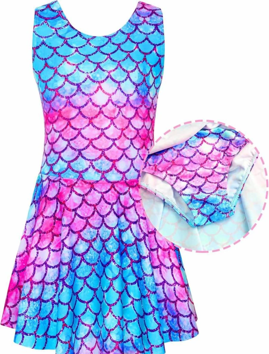 WhizBuzz UPF 50+ Girls One Piece Swim Dress Sleeveless Kids Bathing Suit Summer Swimwear with Skirt Sun Protection