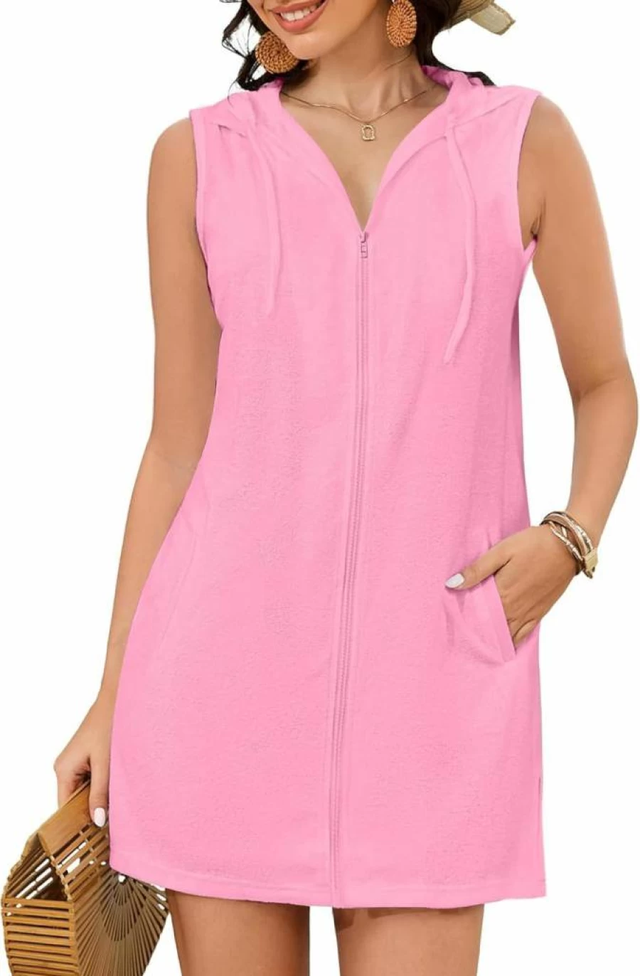 Bsubseach Women's Terry Cloth Hooded Beach Cover Up - Sleeveless Swim Robe with Zipper & Pockets for Swimsuits