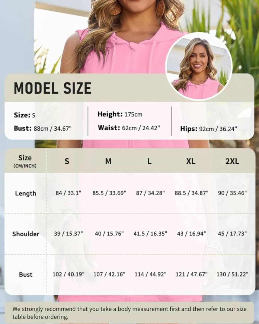 Bsubseach Women's Terry Cloth Hooded Beach Cover Up - Sleeveless Swim Robe with Zipper & Pockets for Swimsuits