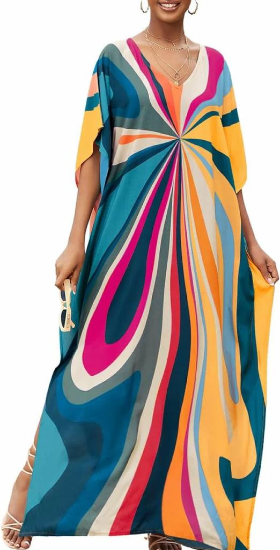 Bsubseach Women's Plus Size Kaftan Dress - V Neck Batwing Sleeve Beach Cover Up Maxi Caftan for Swimwear